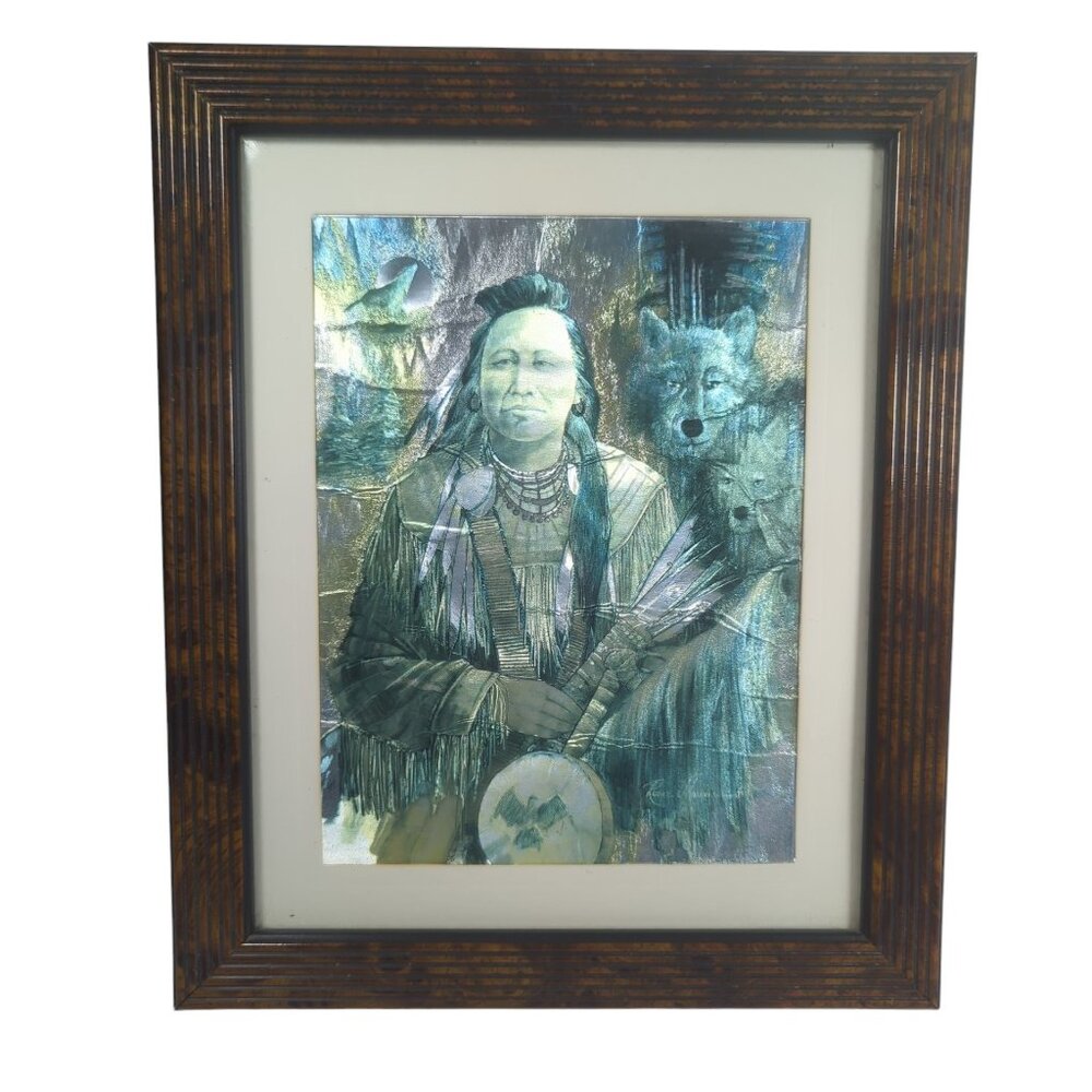 Ruane Manning Native American Foil Art Print Green Framed Wolf Coyote 9.5 x 11.5